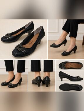 Ros Hommerson Alita Black Snakeskin Leather Kitten Heel Pumps Size 9M Round Toe